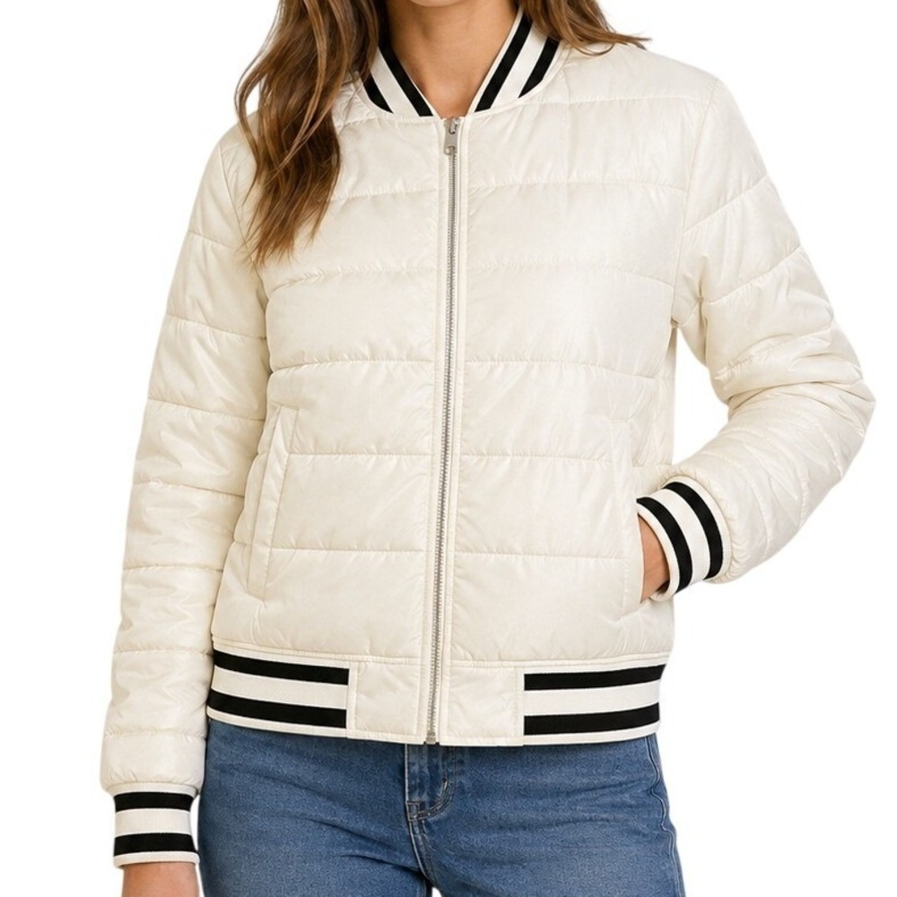 Ci Sono Cream White‎ Black Striped Quilted Bomber Jacket Women's Medium
